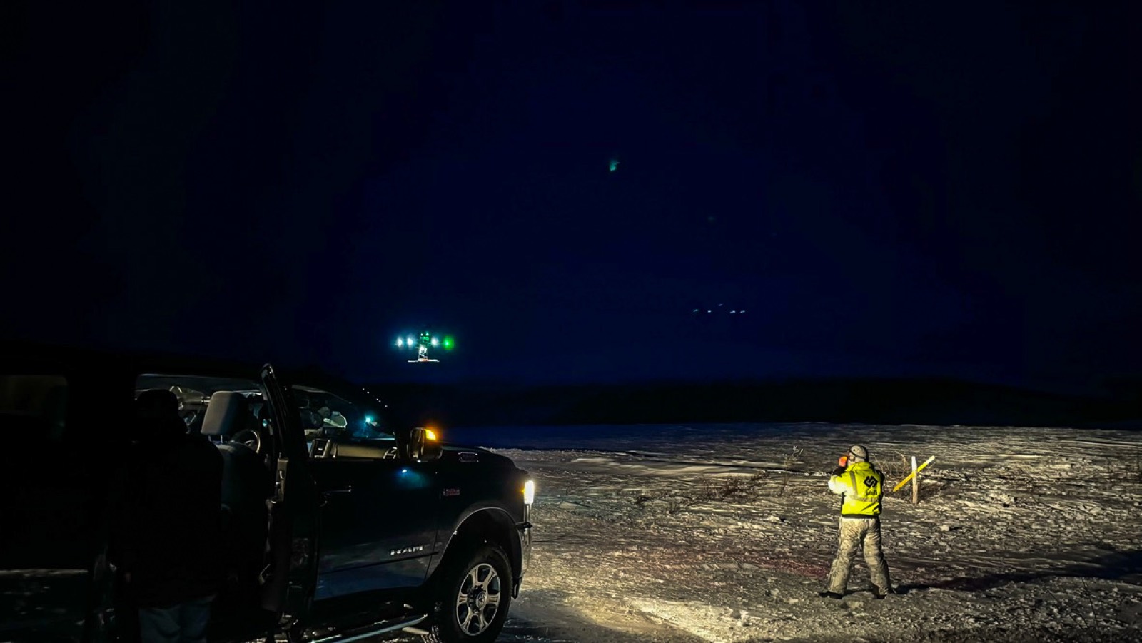 Pre-dawn GPR survey with a truck and drone lights in the dark